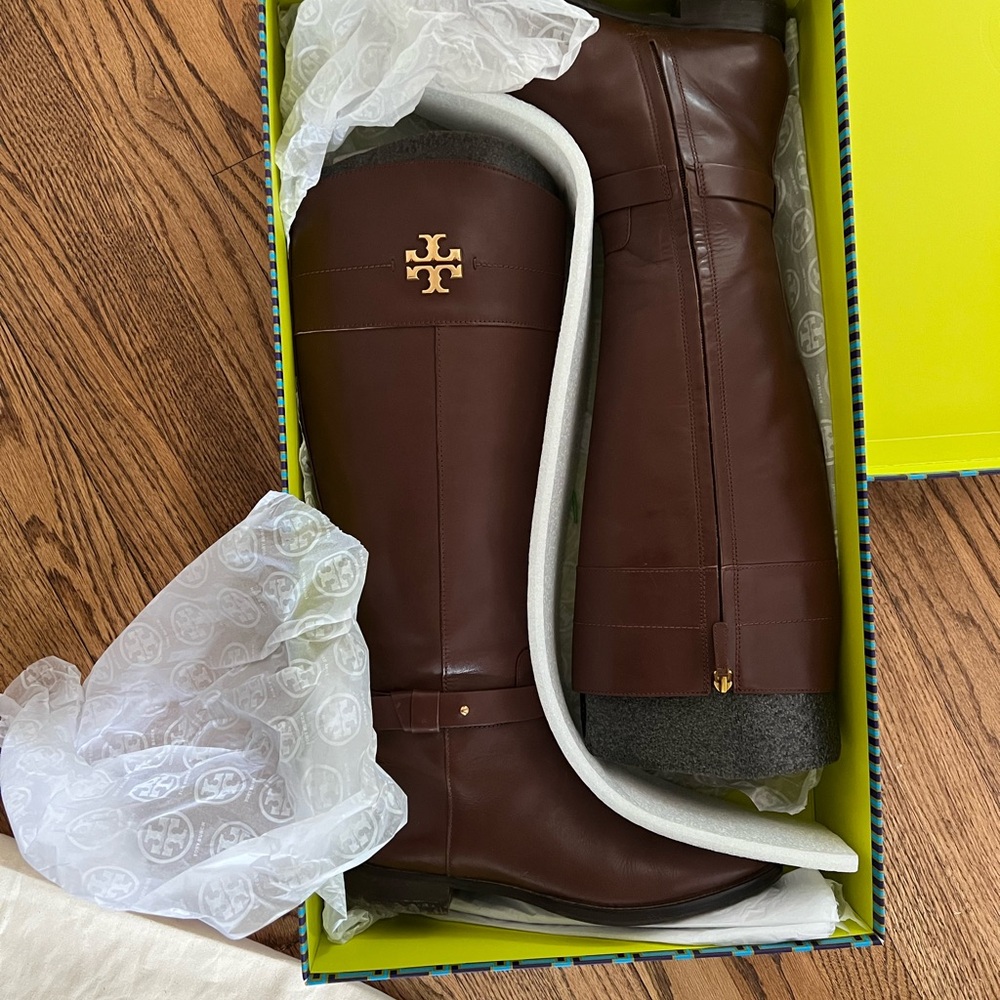 Tory Burch Everly Brown wide calf Leather Riding Boots with Gold Logo